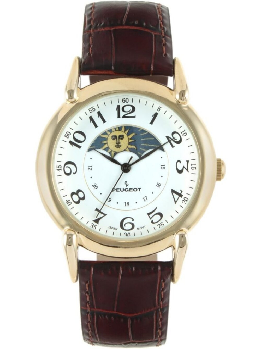 Men's Vintage Moon Phase Leather Dress Watch - 14K Gold Plated, Classic Style